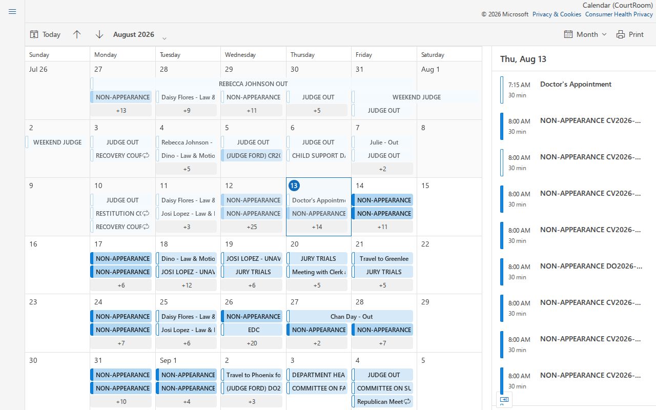 Graham County court calendar interface for Superior Court hearings
