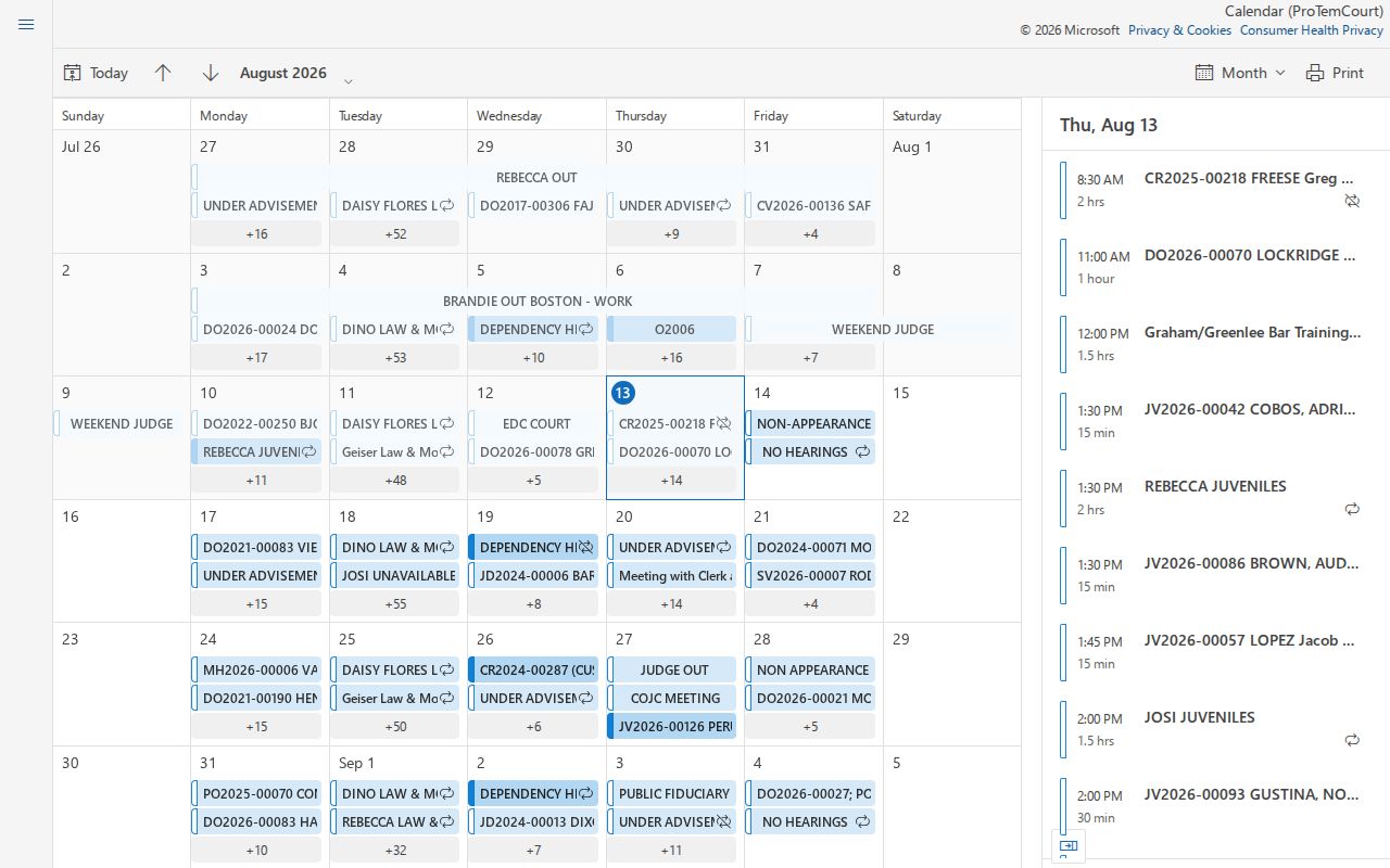 Graham County court calendar interface for Judge Pro Tem settings
