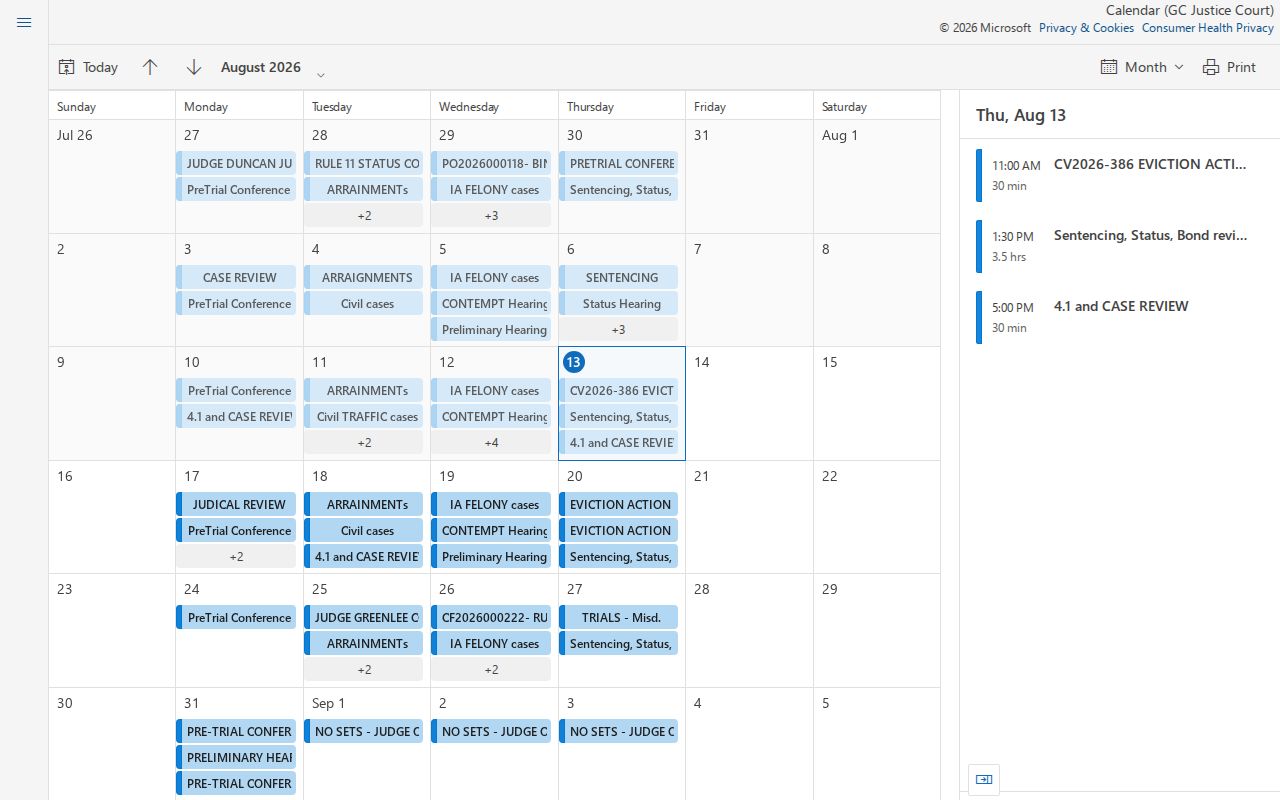 Graham County court calendar interface for Justice Court hearings