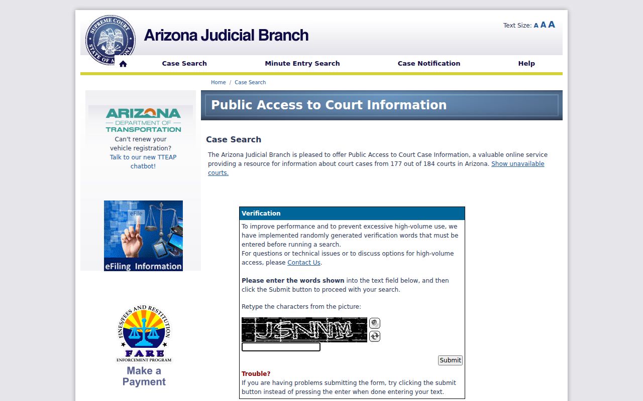 Arizona Public Access verification and Graham County case lookup interface